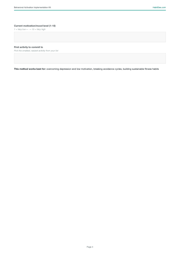 Daily tracker page from the Behavioral Activation Implementation Kit