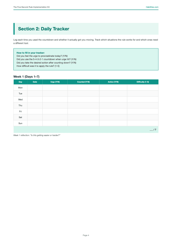 Daily tracker page from the Countdown Launch Kit