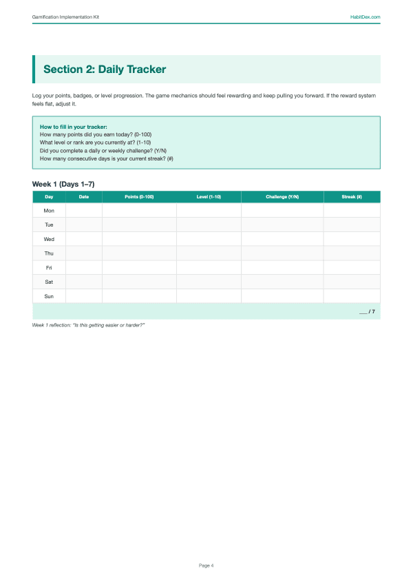Daily tracker page from the Gamification Implementation Kit