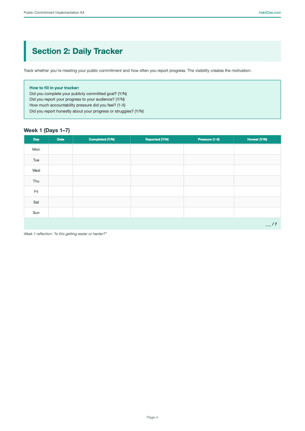 Daily tracker page from the Public Commitment Implementation Kit