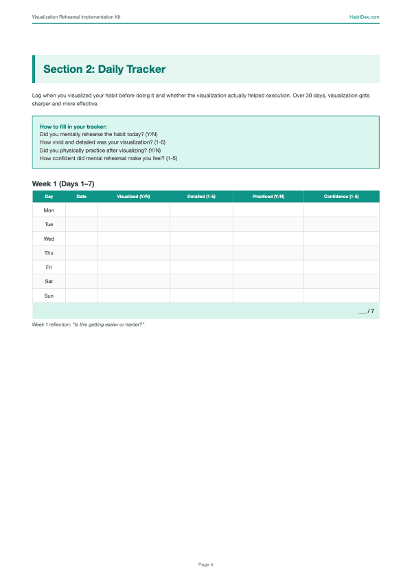 Daily tracker page from the Visualization Rehearsal Implementation Kit