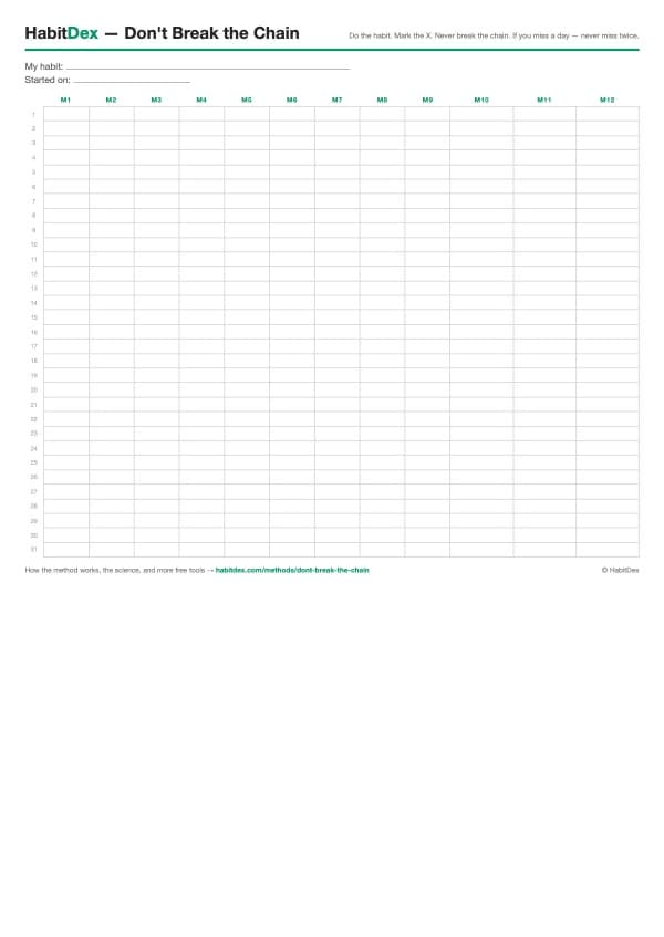 Printable Don't Break the Chain calendar PDF preview