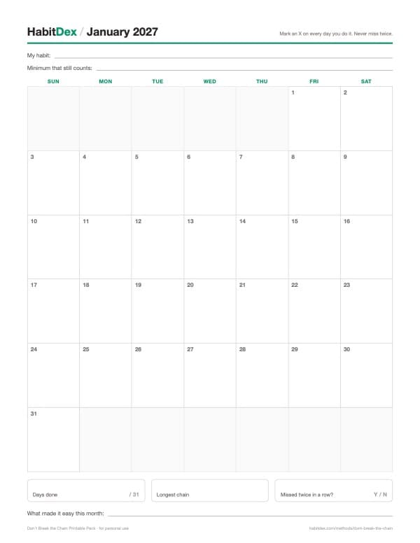 Dated monthly Don't Break the Chain calendar page from the printable pack