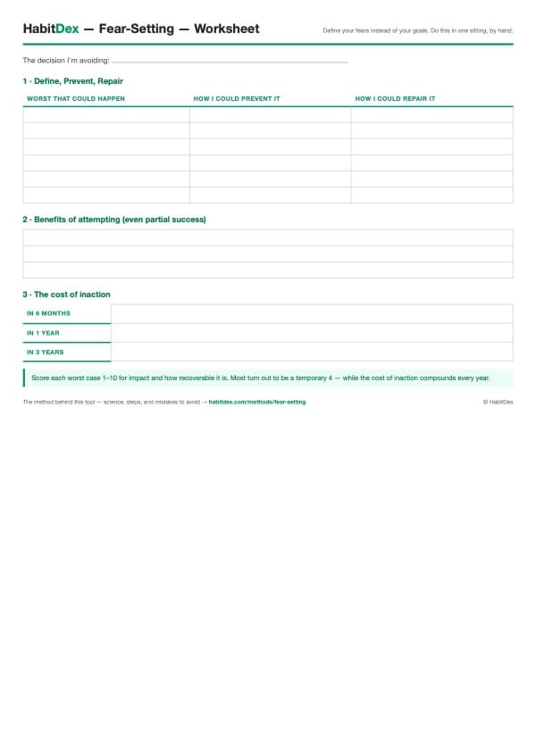 Printable Fear-setting worksheet PDF preview