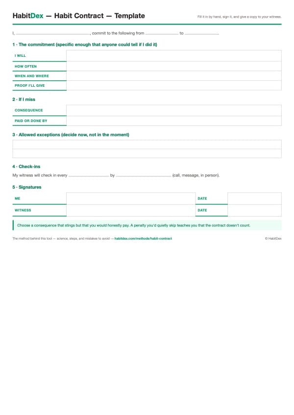 Printable Habit contract template PDF preview