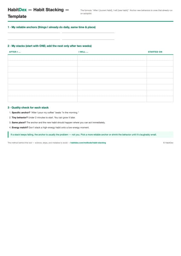 Printable Habit stacking template PDF preview