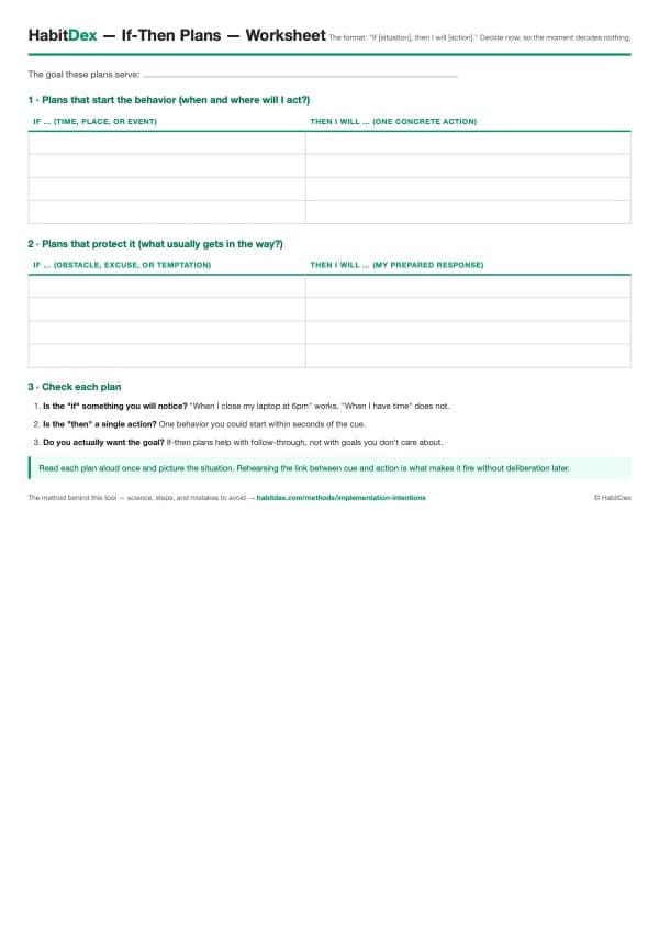 Printable If-then plan worksheet PDF preview