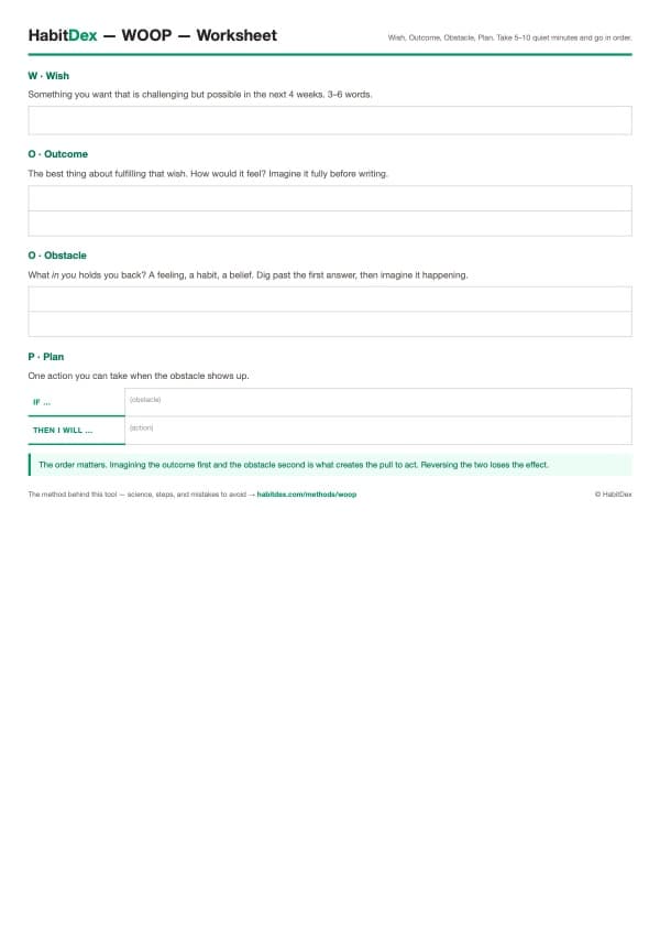 Printable WOOP worksheet PDF preview